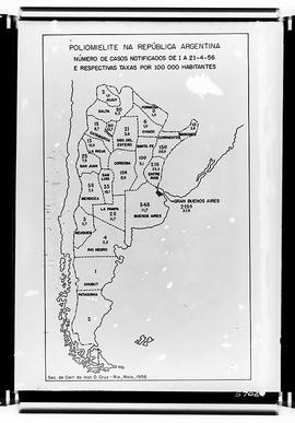 Reprodução de mapa intitulado Poliomielite na República Argentina mostrando o número de casos not...