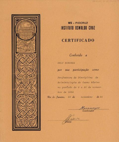 Certificado de atuação como professora na disciplina de Helmintologia no ano de 1984