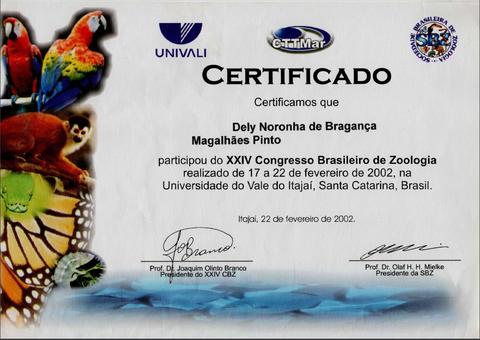Certificado de participação no XXIV Congresso de Zoologia