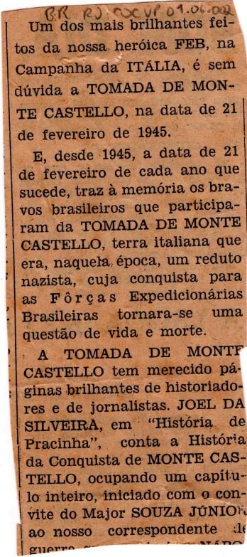 Recorte de jornal sobre a atuação da FEB na tomada de Monte Castello