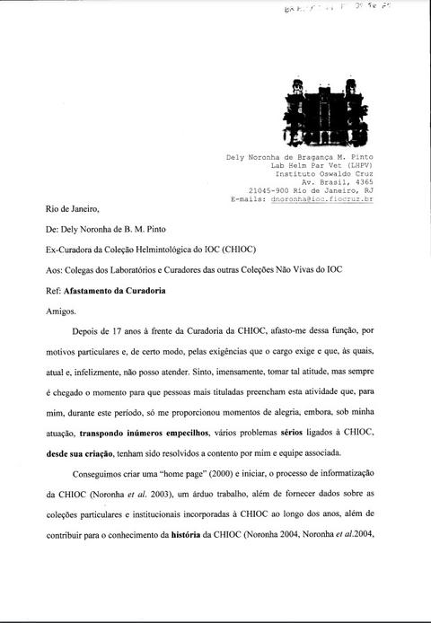 Carta comunicando afastamento da Curadoria da Coleção Helmintológica do Instituto Oswaldo Cruz