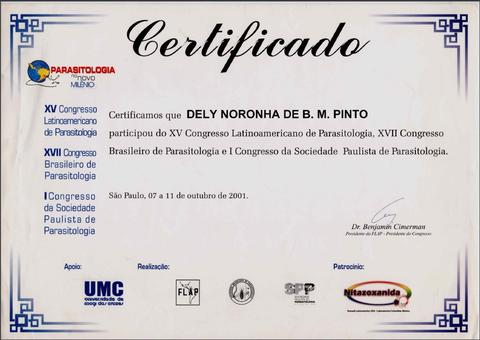 Certificado de participação no XV Congresso Latinoamericano de Parasitologia - XII Congresso Bras...