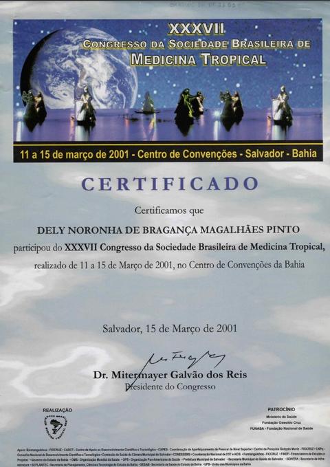 Certificado de participação no XXXVII Congresso da Sociedade Brasileira de Medicina Tropical