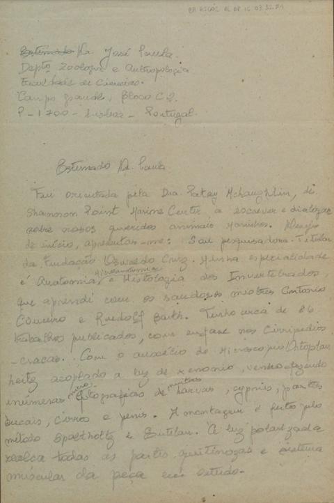 Carta de Dyrce Lacombe para Dr. José Paula