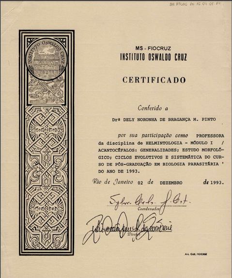 Certificado de atuação como professora na disciplina de Helmintologia - Módulo 1