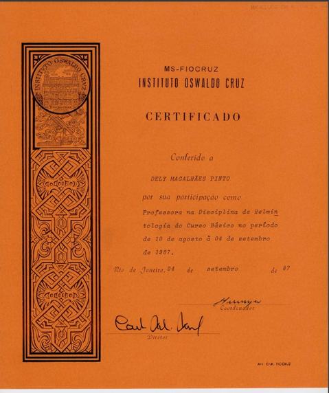 Certificado de atuação como professora na disciplina de Helmintologia no ano de 1987
