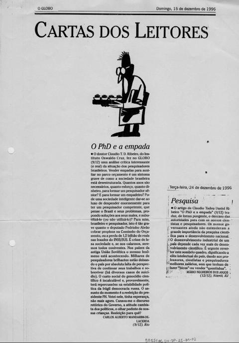 Recortes de jornal sobre pesquisadores e Institutos de pesquisa no Brasil