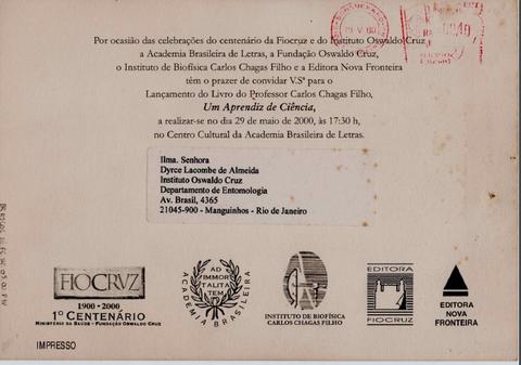 Cartão comemorativo do centenário do Instituto Oswaldo Cruz