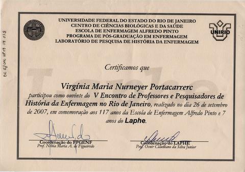 Certificado de participação no V Encontro de Professores e Pesquisadores  de História da Enfermag...