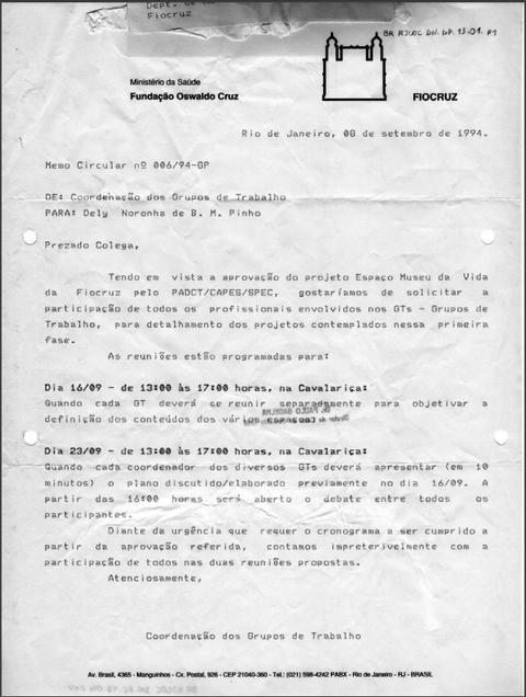 Memo circular n°006/94-GP -  Solicitação de participação em reunião sobre o projeto Museu da Vida