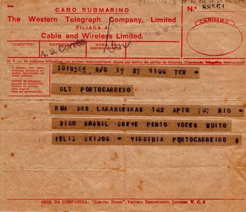 Telegrama para Coronel Portocarrero informando breve volta ao Brasil